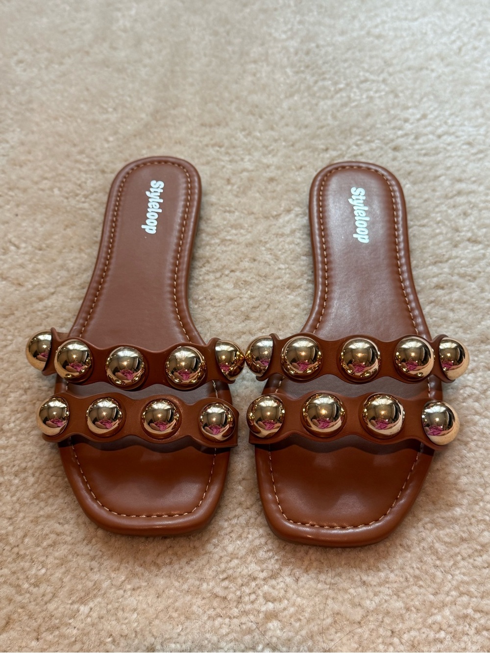 Brown Slide Sandals with Gold Studs